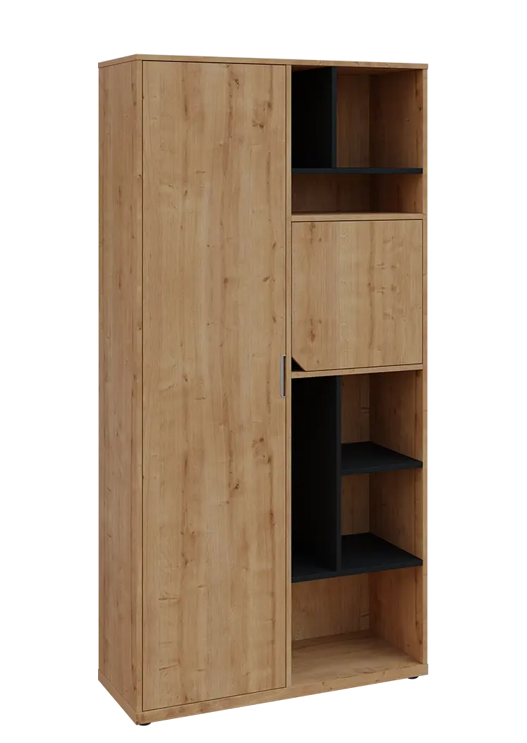 KSR6-83 L skříň šatní, 1x výsuvné ramínko, dvířka, niky, 2053x1022x400 mm, provedení levé, korpus a dvířka dub lite/police černá